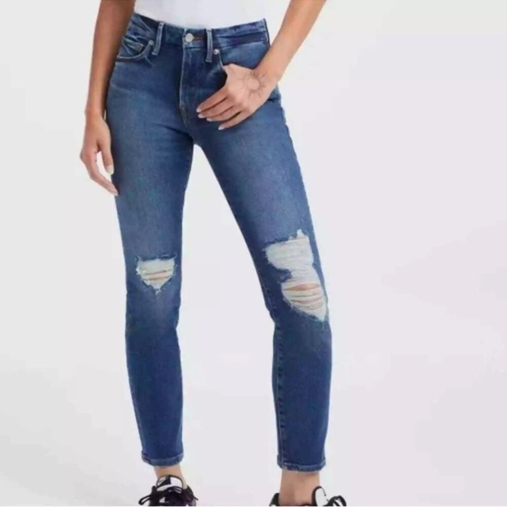 Good American Good Legs Crop Dark Wash Distressed Skinny Jeans Size 14/32